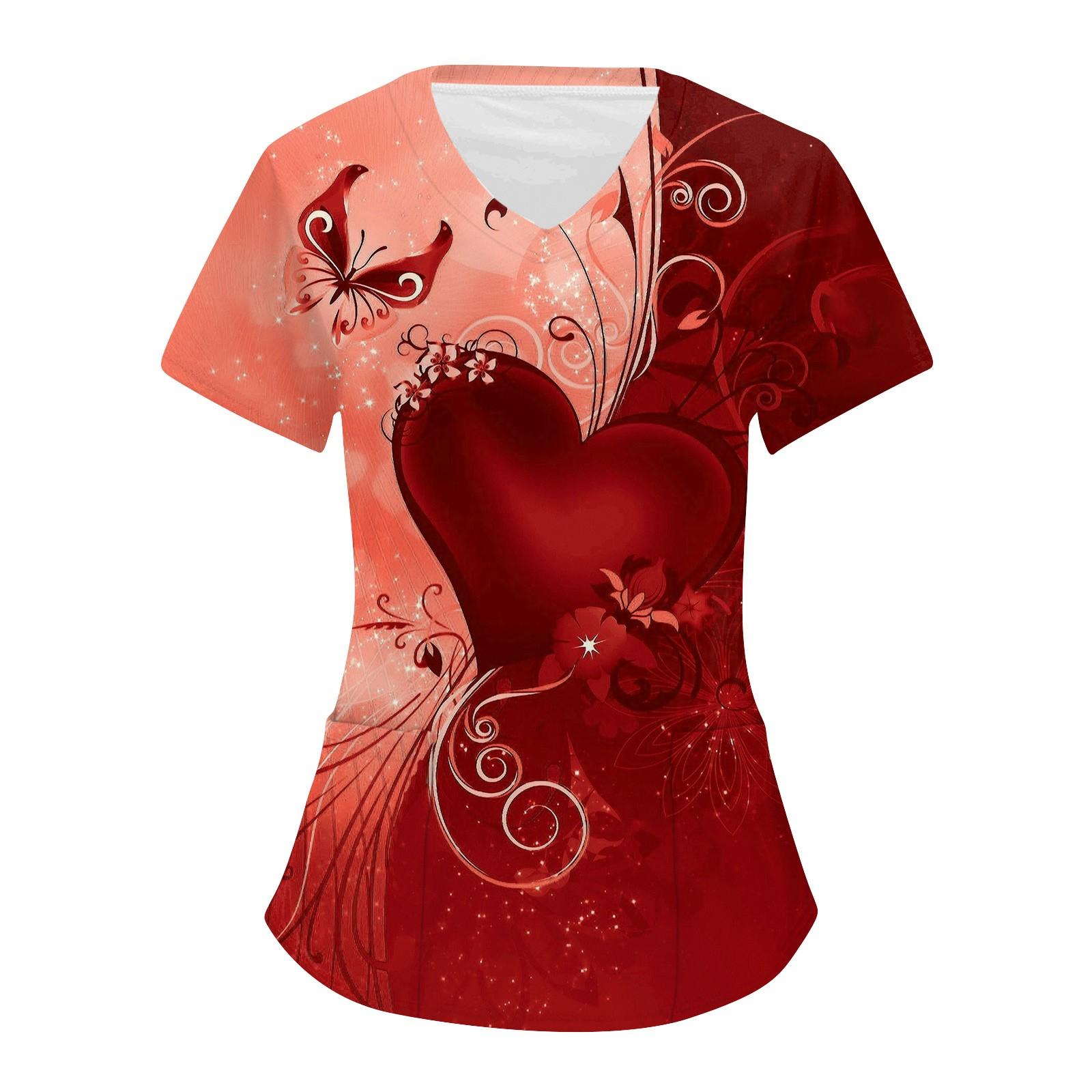 

Рабочая форма больших размеров с принтом, топы для женщин, футболки с v-образным вырезом и короткими рукавами, рабочая одежда, футболка с карманами XL красный