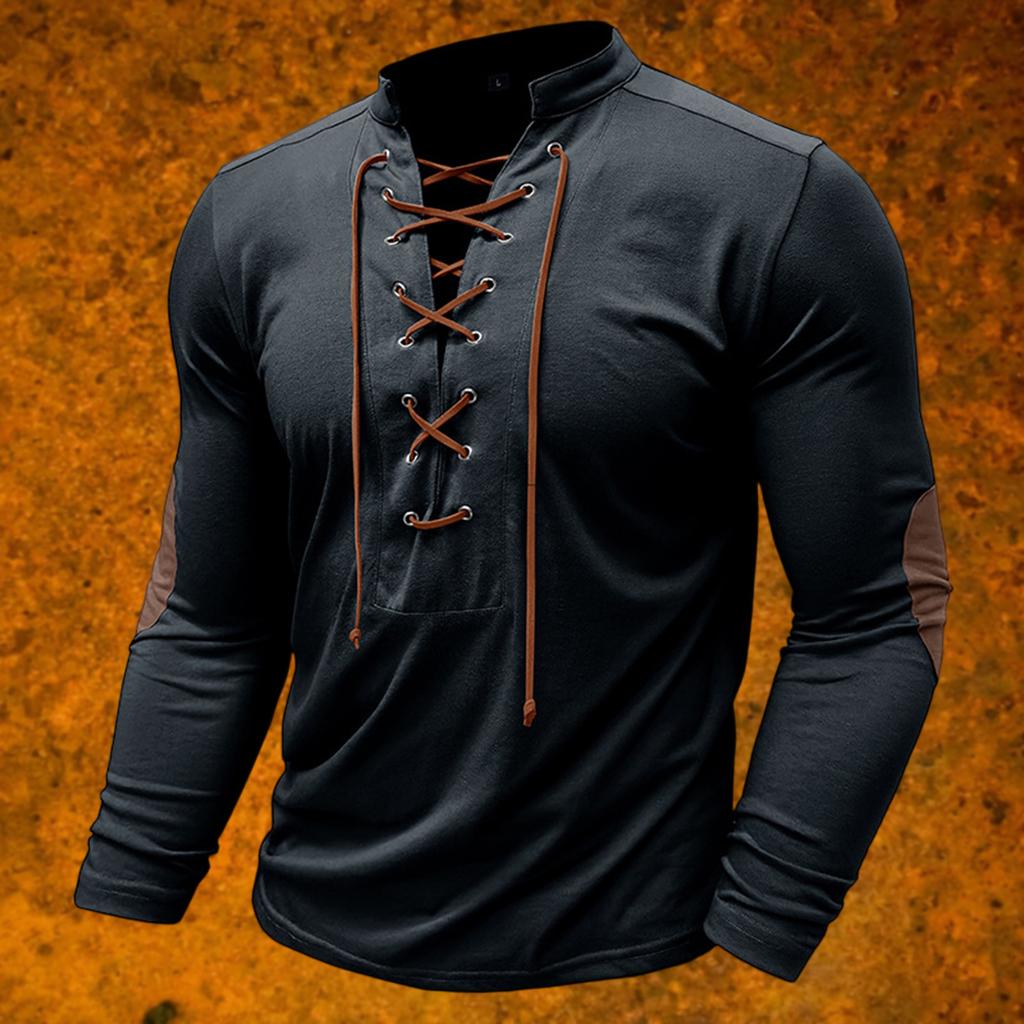 Men's Vintage Outdoor Sports Long Sleeve Top Lace-Up Stand Collar Shirt