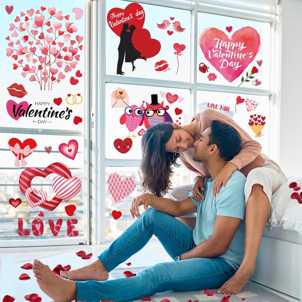 WOHOHOHO 181Pcs Valentines Day Window Clings Decorations, 10 Sheets Valentine's Day Window Stickers, LOVE & XOXO Banner, 12Pcs Heart-Shaped Balloons.
