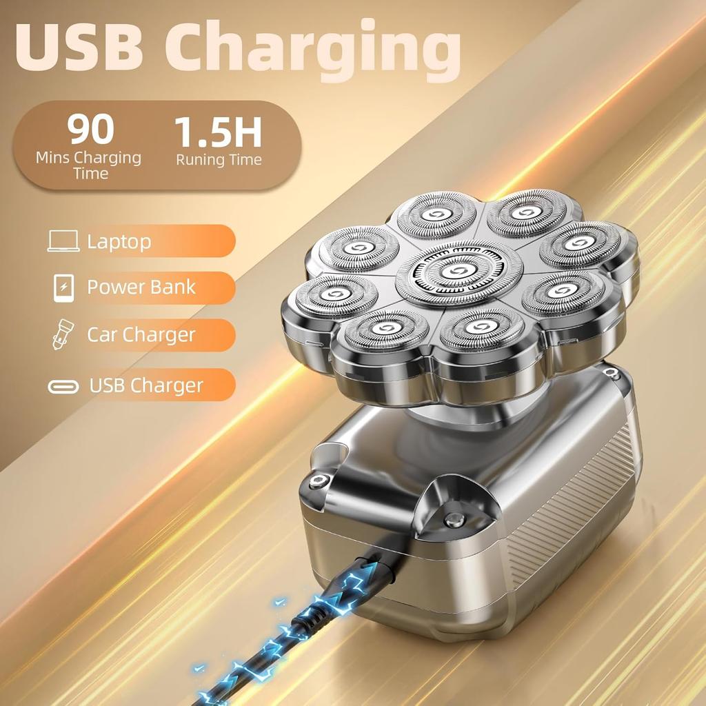 9D Head Shavers for Bald Men, 5 In 1 Detachable Head Shaver with LED Display, IPX7 Waterproof Rechargeable Electric Shavers for Men Grooming Kit