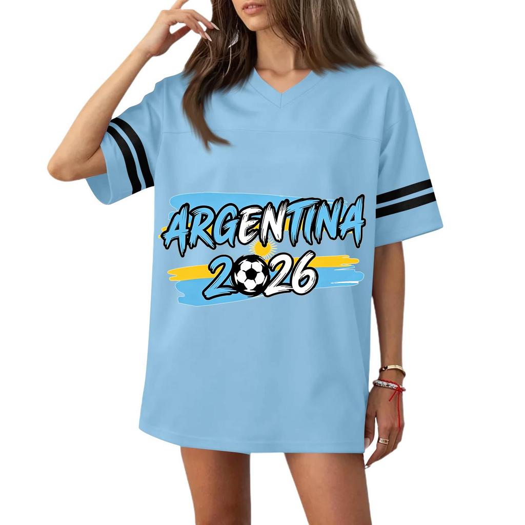 Women’s Casual V Neck Short Sleeve T Shirt with Soccer Themed Graphic Print and 2026 Lettering for Sports and Wear