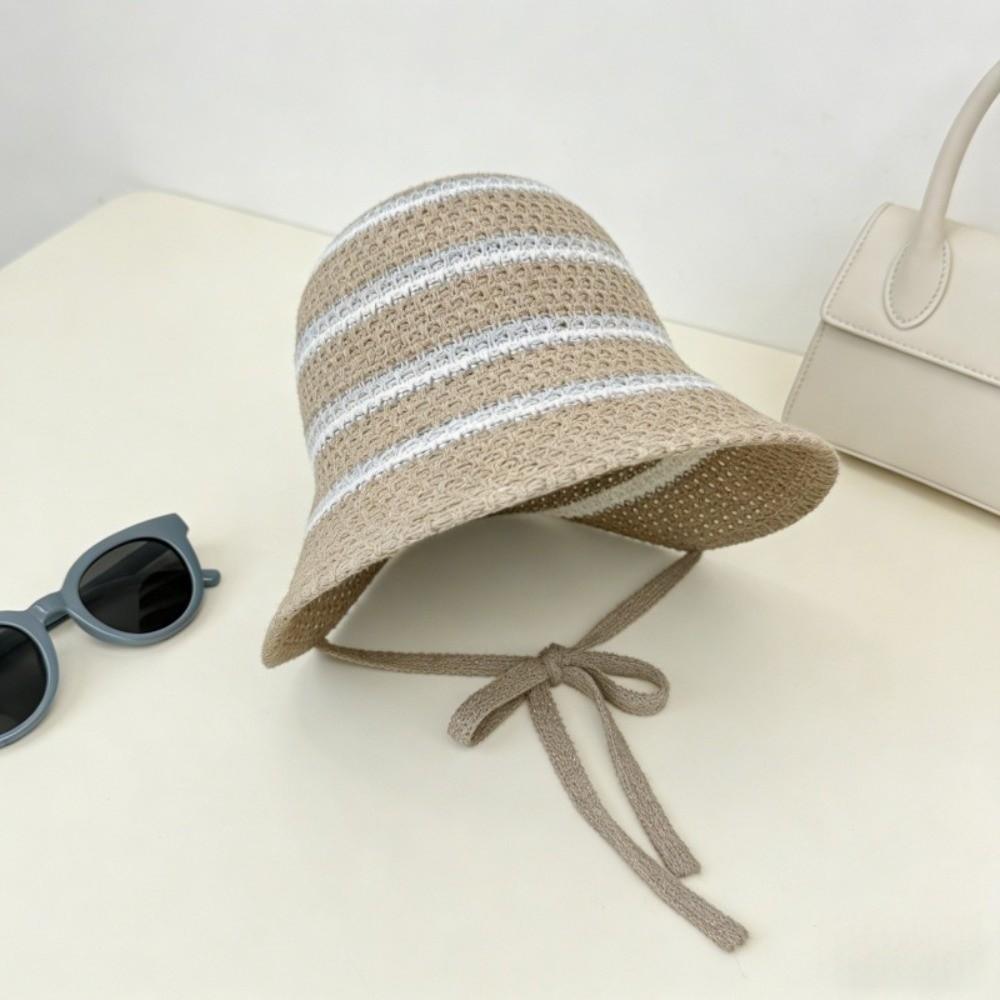 Openwork Colorful Striped Bucket Hat Knitted Hollow Out Sunshade Hat Thin Breathable Panama Hat Summer