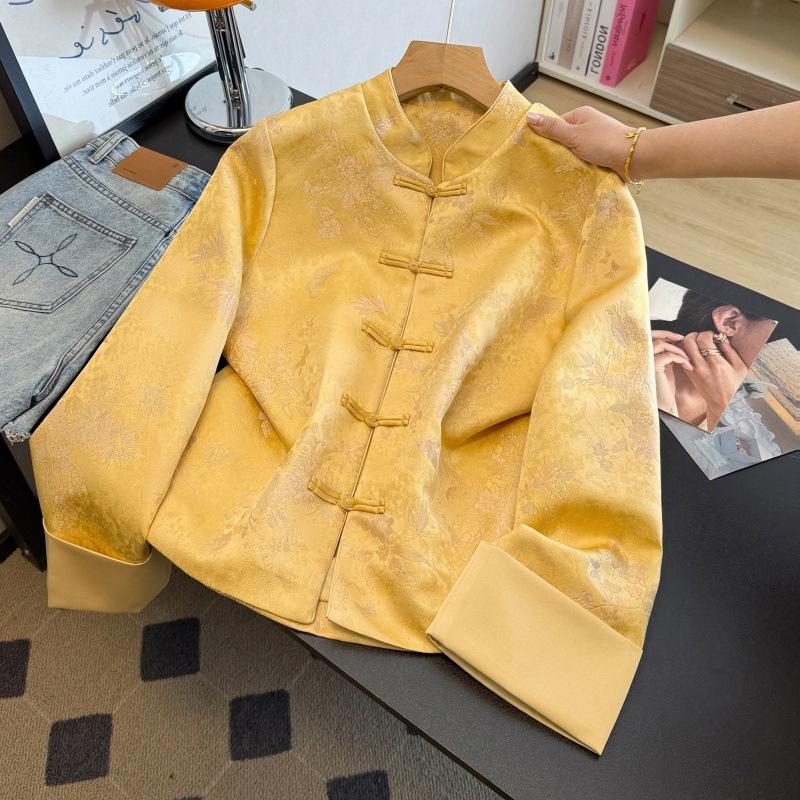 Silk Age-Reducing Frog Button Jacquard Top for Middle-Aged Women - Plus Size, Chinese Style, Spring/Autumn Outerwear