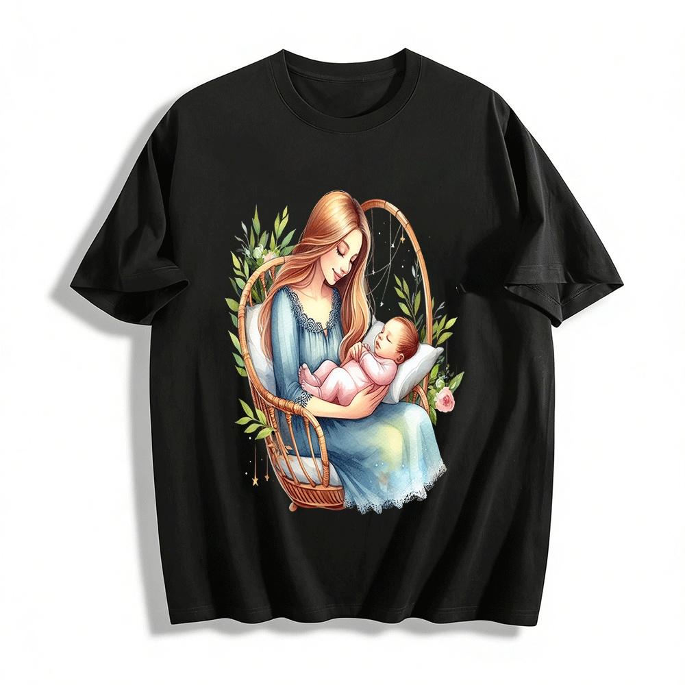 Mothers Love Holding Sleeping Baby Print Casual Parent-Child Top Pure cotton T-shirt XXS