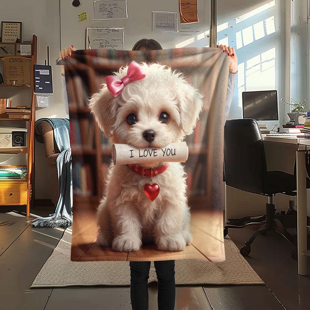 1Pc Iloveyoudog Print Flannel Blanket, High Quality Comfortable for All Seasons, Home Decor, Warmth and Comfort, Perfect for Christmas Gifts