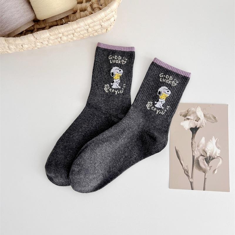 Cartoon Puppy Mid-calf Socks for Women with Contrasting Color Edges, Men and Women Wear Pure Cotton Retro Trendy Socks