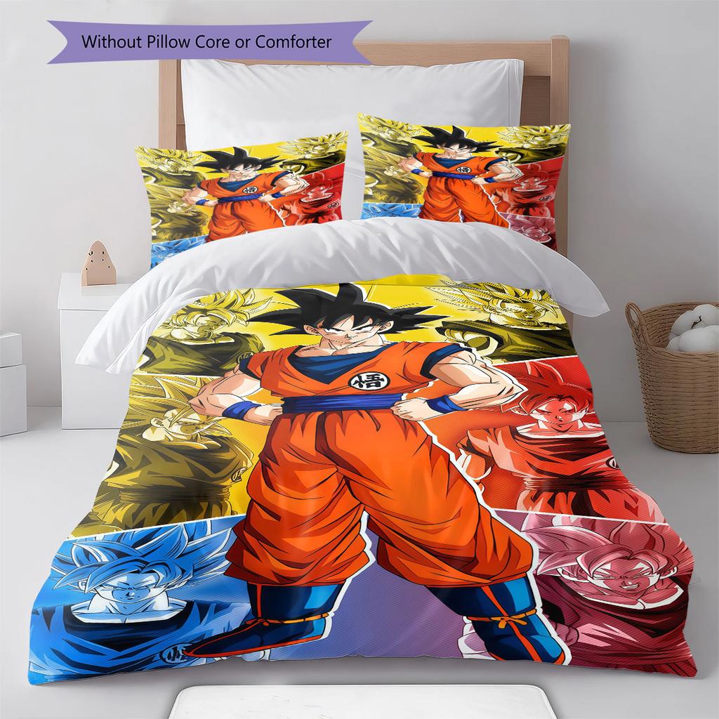 Sängkläder med Son Goku-mönster, Täcke Set Täckeöverdrag Örngott Hem Födelsedagspresent (1 * påslakan + 2 * örngott, utan kärna)