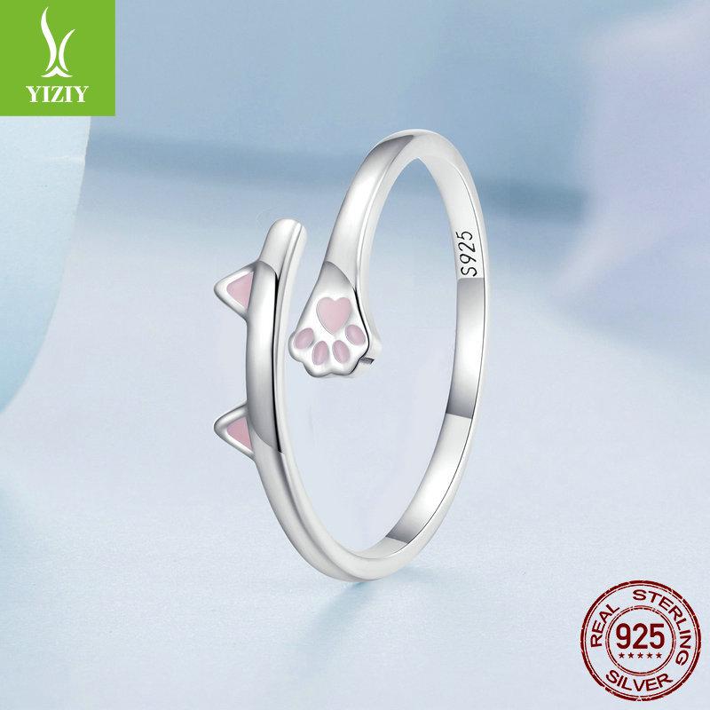 Ziyun S925 Silver Cat Open Ring with Pink Heart and Paw Print Design BSR316