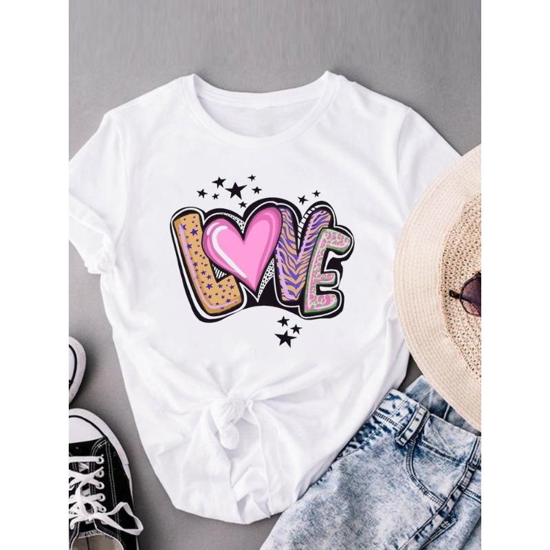 (European Size) Sweet Love Heart Women Tee Top Style Trend Cute Clothing Casual Short Sleeve Fashion Print Lady Tshirt Female Graphic T-shirts