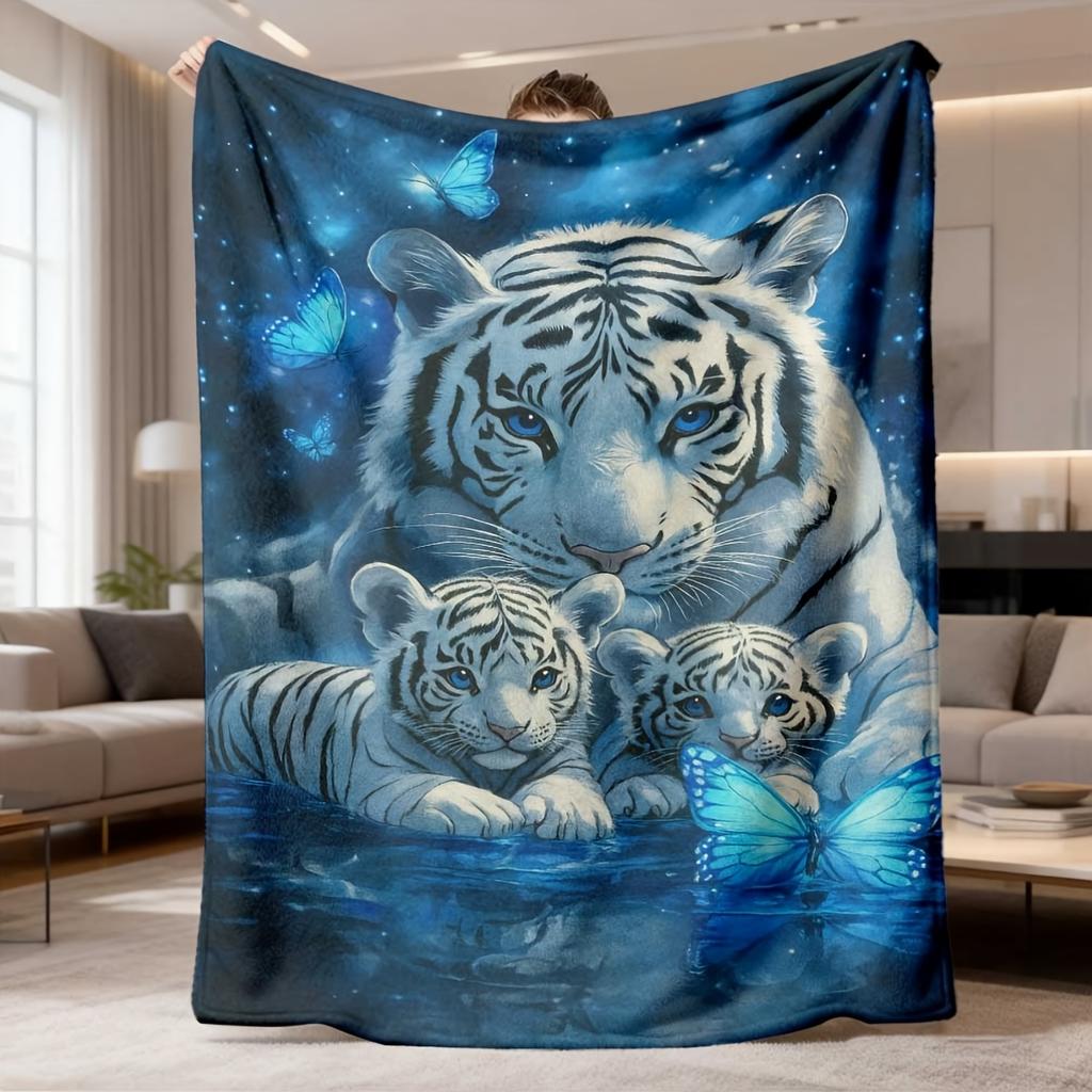 Adorable Tiger Family Starry Night Blue Blanket Throw Plush Fleece Throw Cozy Gift for Sofa Bed Decor