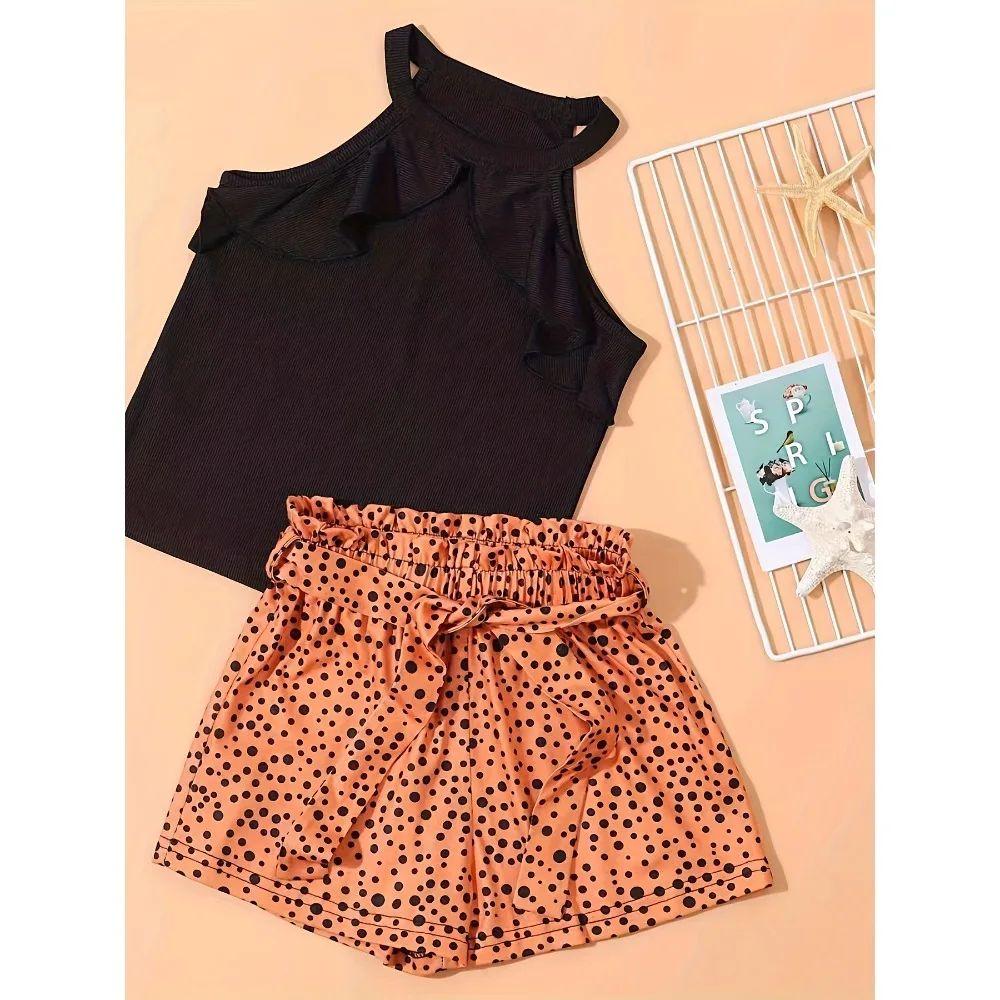 2PCS Girl's Trendy Outfit Halter Neck Camisole & Polka Dots Pattern Shorts Set Kid's Clothes For Summer kids clothes