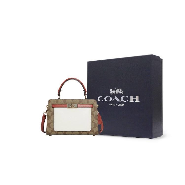 COACH Lane Canvas With Leather Handbag, Shoulder Bag, Crossbody Bag Women's Khaki & White C8318-IMLOT