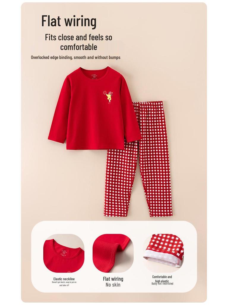 Children's Year of the Dragon Red Cotton Base Layer Set - Autumn/Winter Pajamas for Boys and Girls