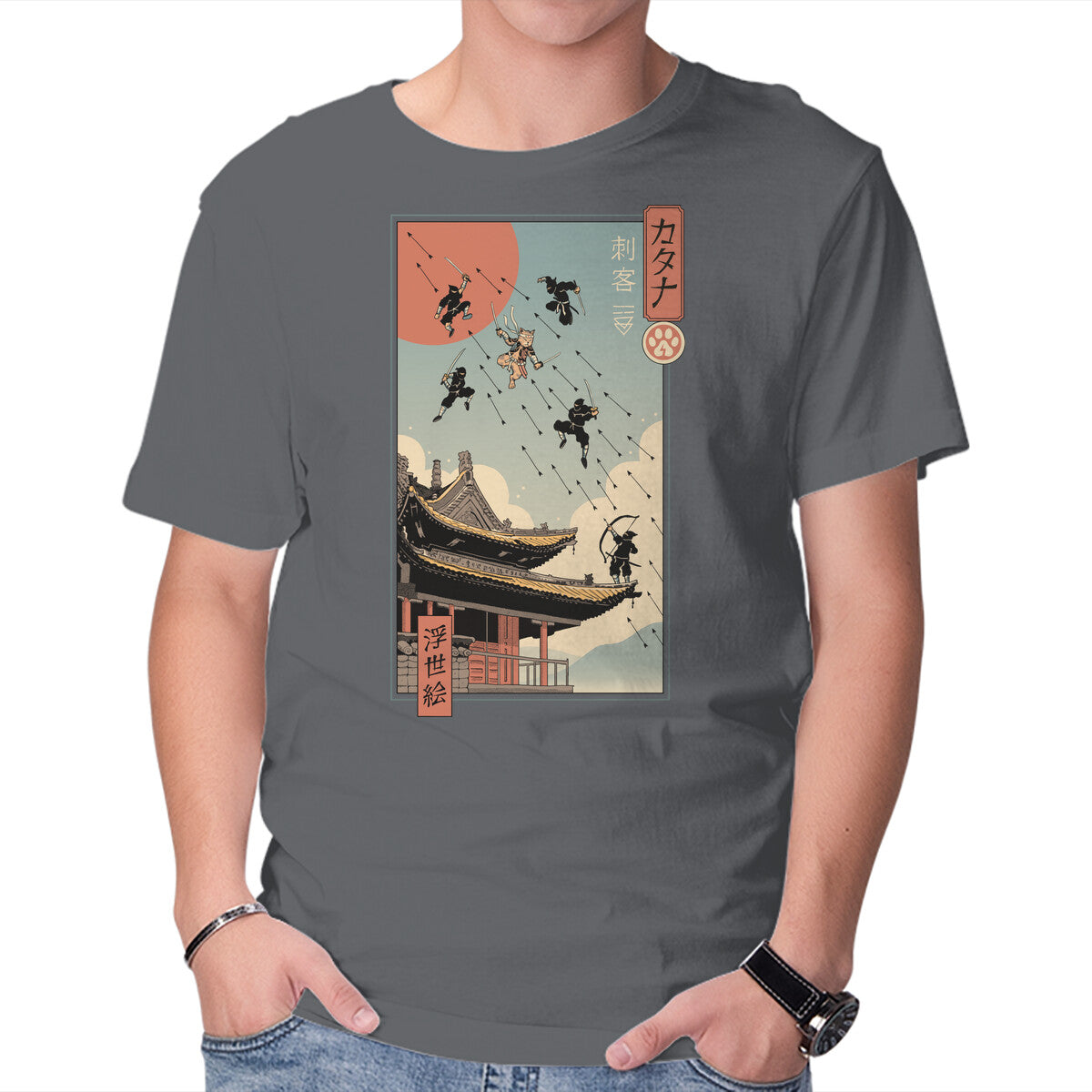 Unisex Crew Neck T-Shirt Catana Fight In Edo Graphic Short Sleeve Casual Tee M
