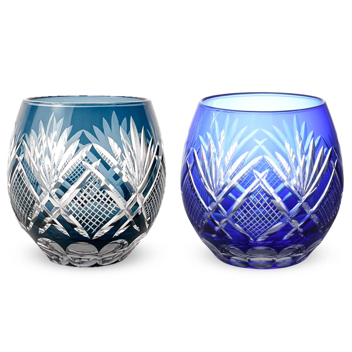 

Retro Kiriko Pair of Glass x Hana to Ya and Ink Blue Kasho J-kitchens Egg-Shaped Cups, 6.9 8.9cm, 350cc, (Flower Arrow) & Blue, (Current Model)
