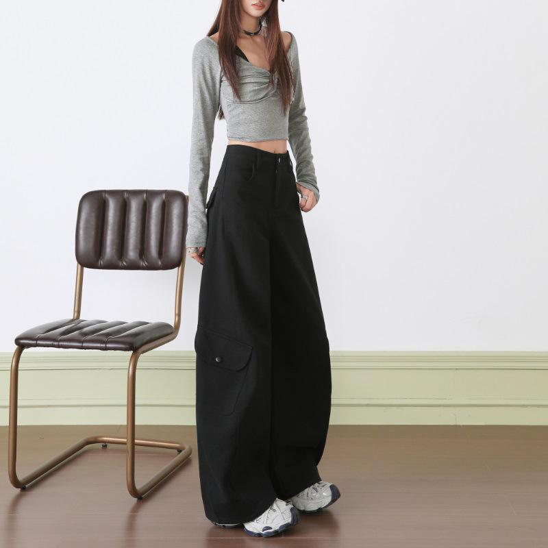Retro Fleece-Lined Curved Leg Cargo Pants - Stylish, Slimming, Multi-Pocket, Wide-Leg Design