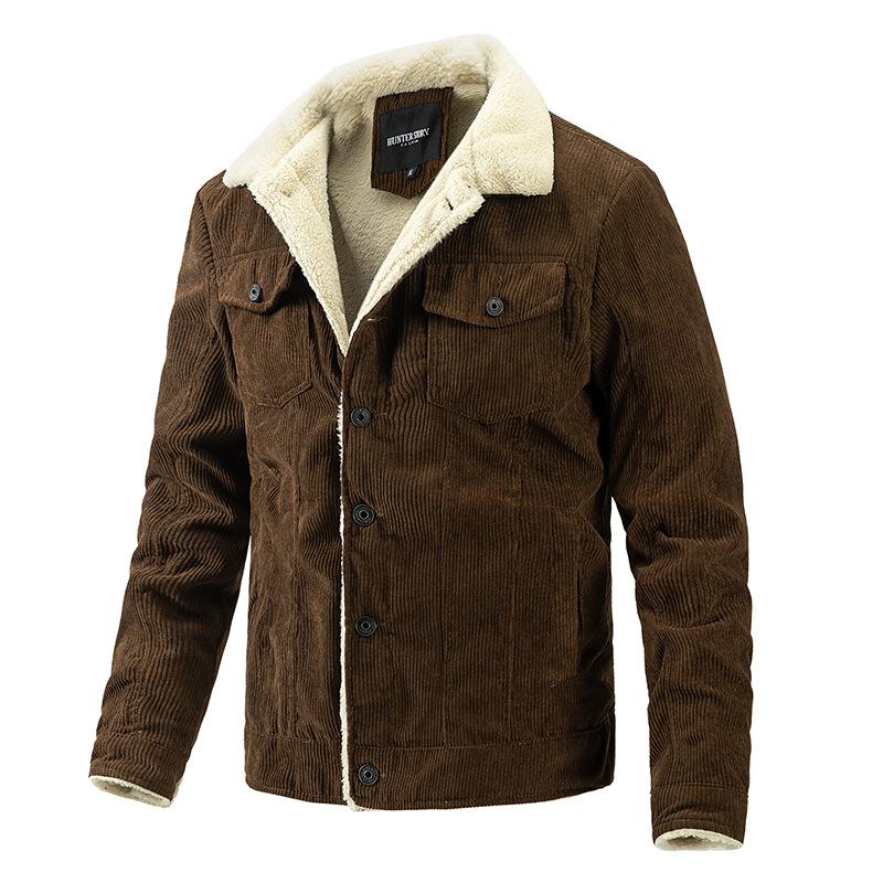 Men's Spring and Autumn Velvet Retro Casual Parka Men's Fleece Collar Jacket Button Warm Cotton Cushion Corduroy Jacket