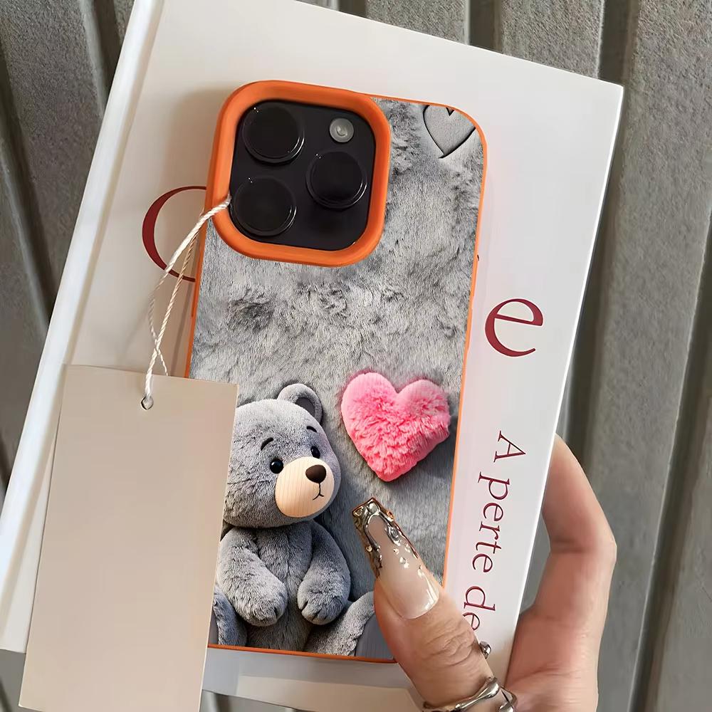 Cute Teddy Bear Heart Pattern Lychee Soft Phone Case For iPhone 17 16 15 14 13 12 11 Pro Max 15 14 Plus X Xs XR 17 Air Cover