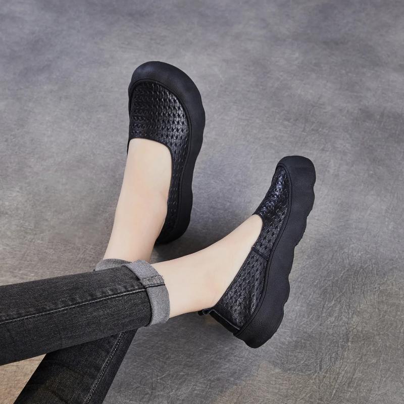 Johnature Genuine Leather Woven Retro Soft Soled Loafers Comfortable Shallow Women's Slip-on Shoes