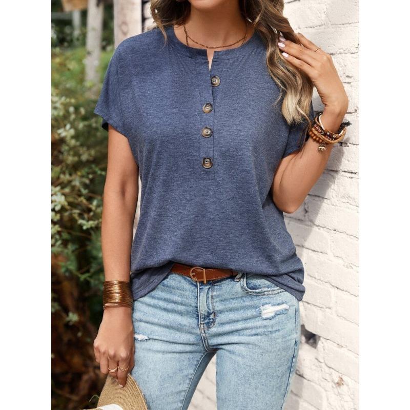 T-shirt da donna estiva a maniche corte con scollo Henley, casual, vestibilità ampia, top basic multicolore