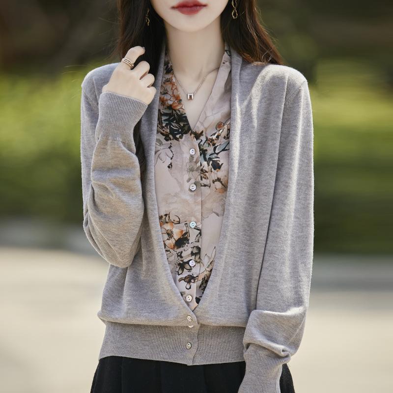 Women's Autumn Patchwork Knit Wool Cardigan - V-Neck Sweater Coat