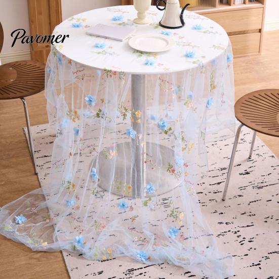 Bridal Shower Table Overlay Lace Embroidery Floral Tablecloth, 3D Flower Tulle Sheer Cover, Seasonal Wrinkle Resistant Tablecloth Colorful Cloth