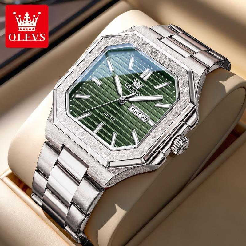 OLEVS Watch Luxury Man Original Square Quartz Watch Stainless Steel Waterproof Luminous Week Date Watches For Man