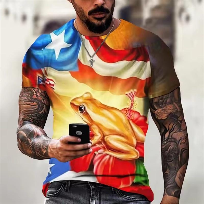 Summer Round Neck Puerto Rico Flag Pattern 3D Print Top Fashionable Casual Short Sleeved Men's T-shirts