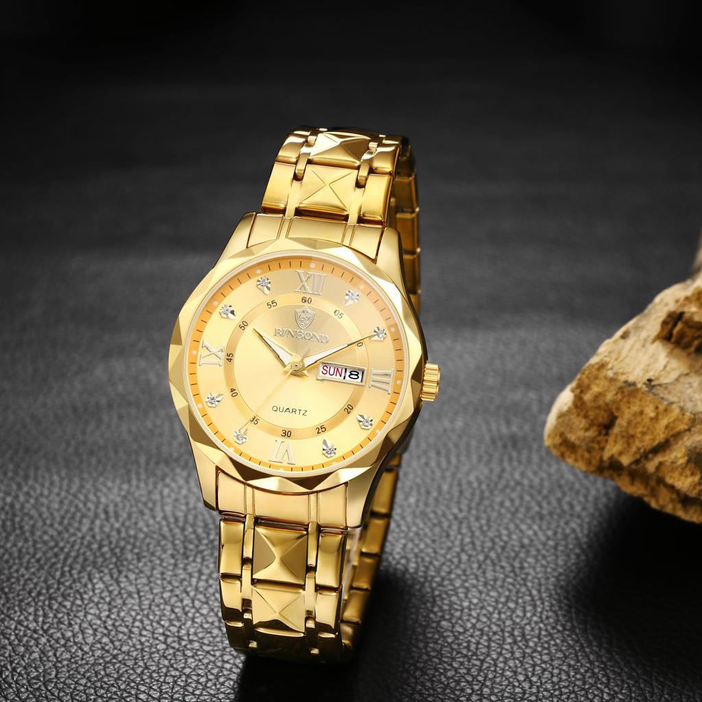 Montre homme New Day, étanche, résistante à la pluie, lumineuse, cadran, acier, bracelet circulaire en acier inoxydable avec calendrier, or, grande paire