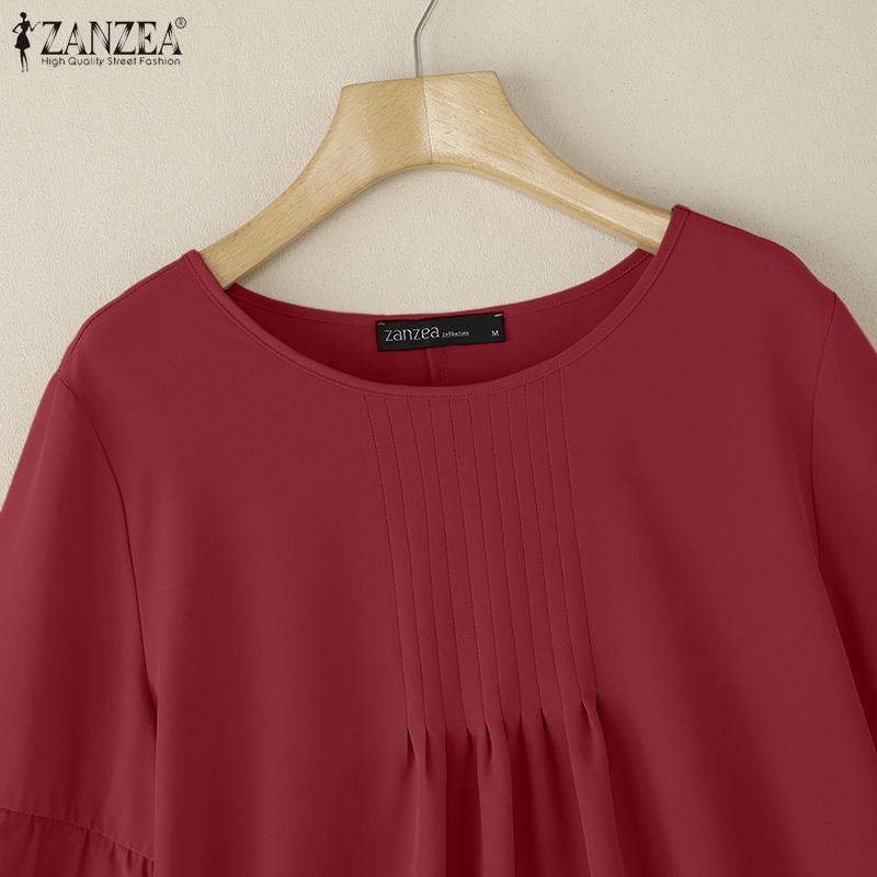 ZANZEA Women Casual Round Neck Solid Color 3/4 Sleeve Loose Blouse