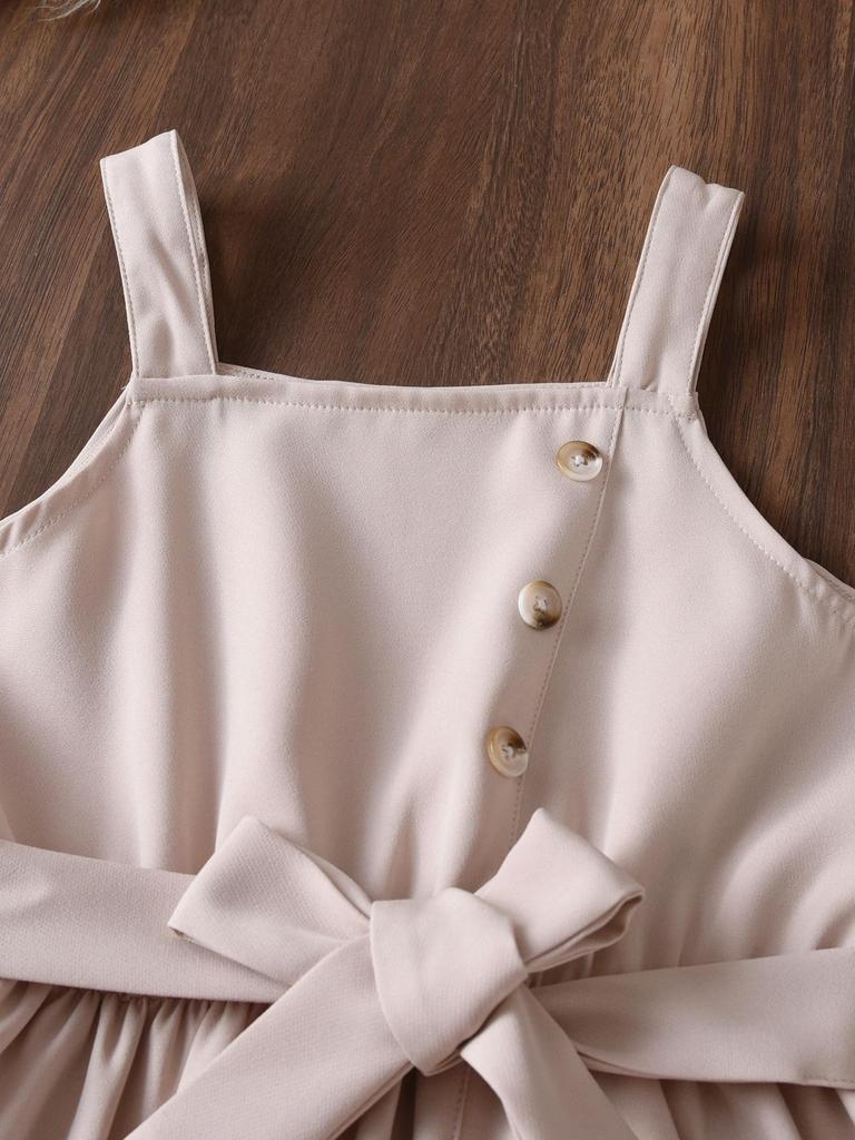 Autumn Children's Set: Ribbed Long-Sleeve Top & Beige Waist-Belt Overalls Skirt