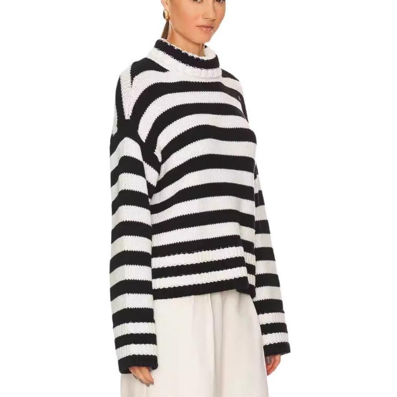 Comfortable Versatile Fashion High Neck Knitted Sweater Female Fall and Winter Loose Striped Long-sleeved Knit Sweater Sweater Coat Female