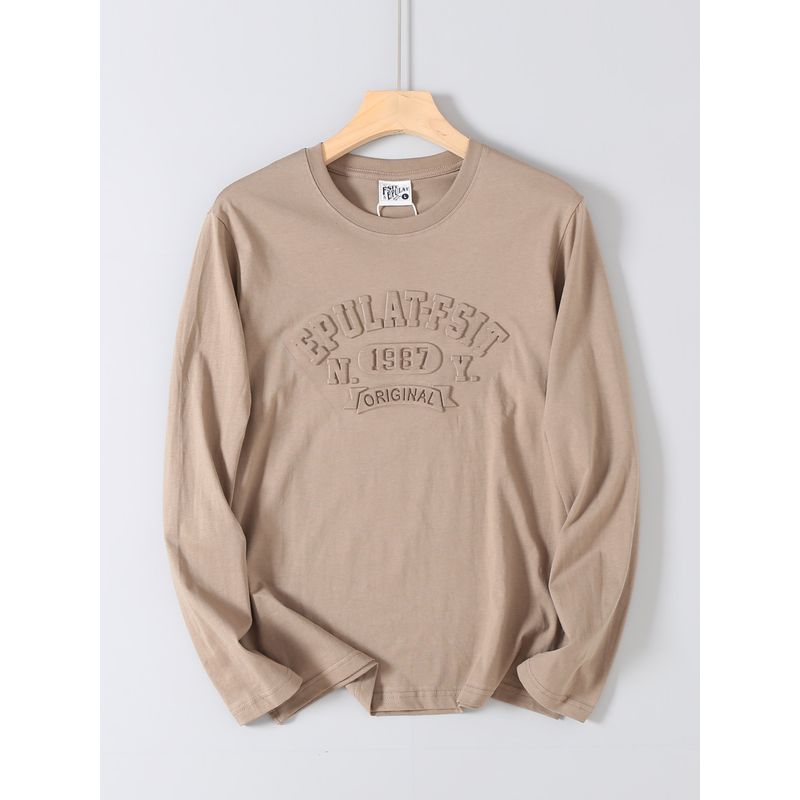 Foreign Trade Surplus Cotton Washed 3D Embossed Printed Long-Sleeve T-Shirt for Men, Autumn Round Neck Casual Base Shirt