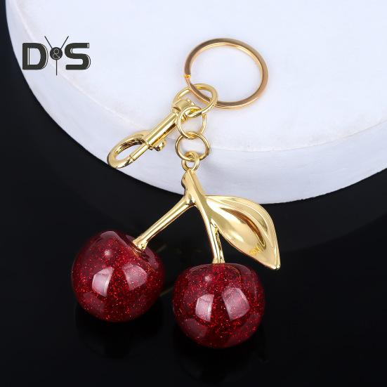 Keychain Bag Charm with Golden Shimmering Resin Cherries Hypoallergenic Steel Key Pendant Bag Wallet Accessory