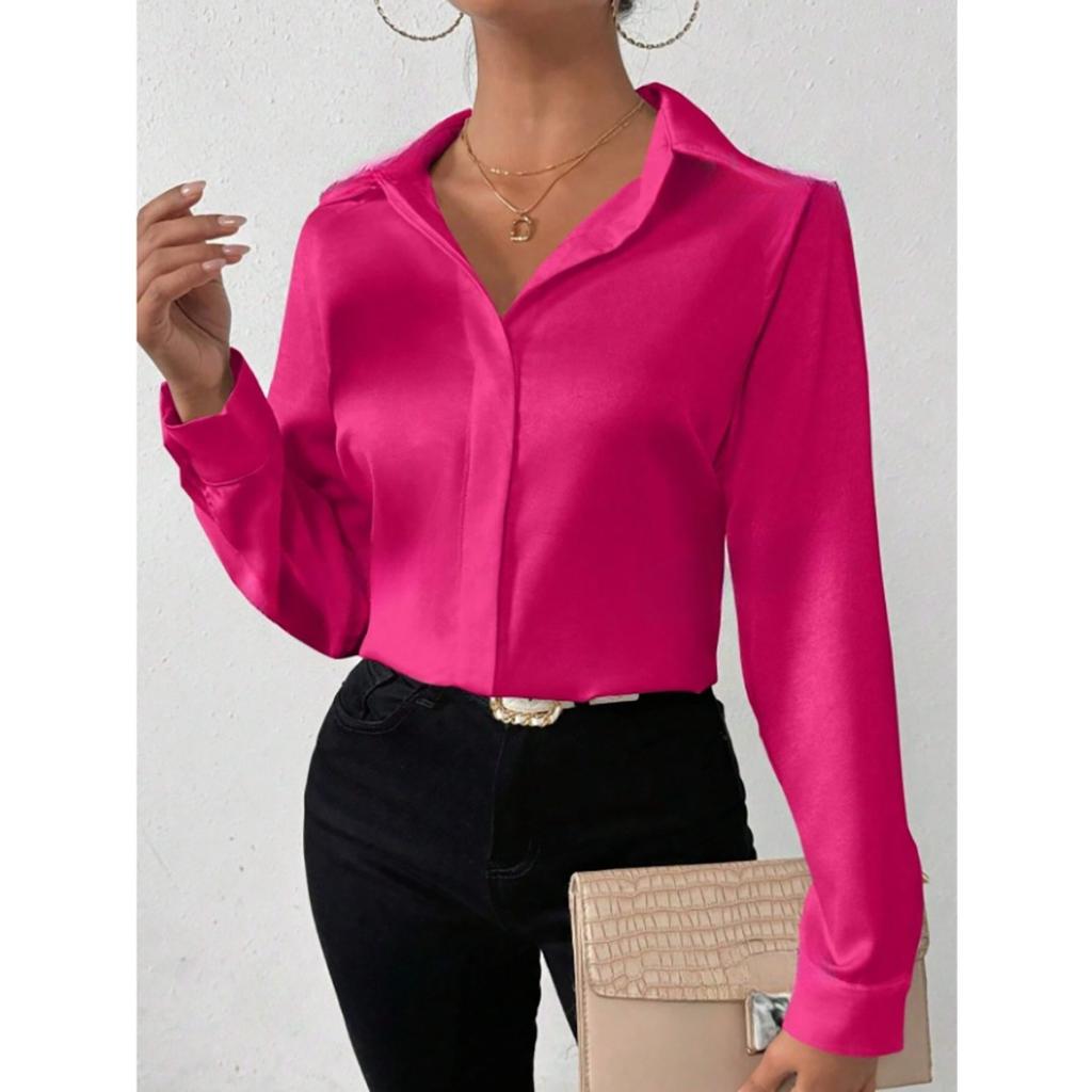 Satin Imitation Silk Long Sleeved Solid Color Women's Shirts