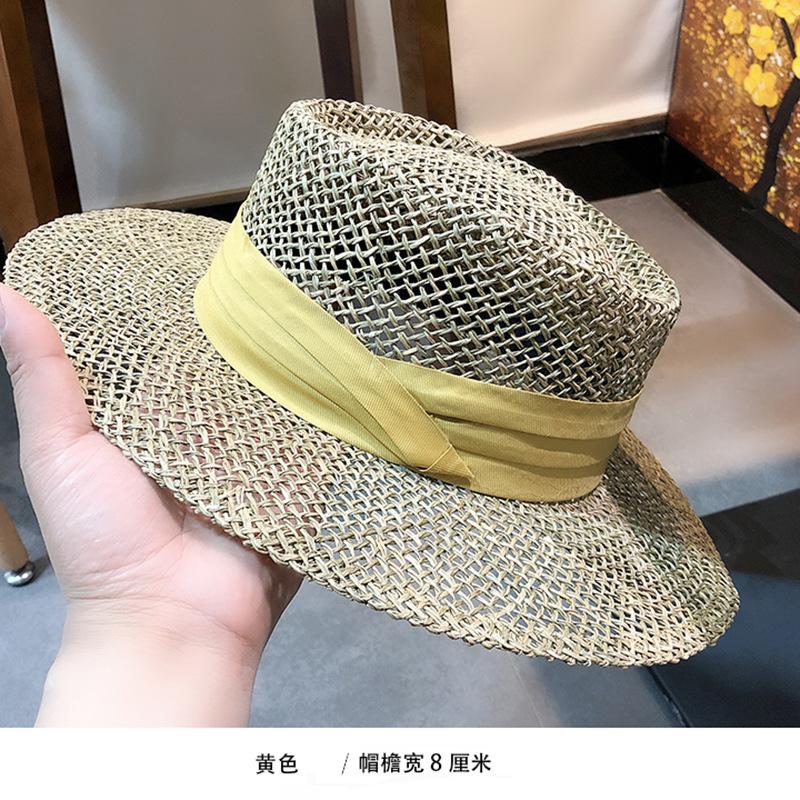 2025Women's Summer Straw Hat - British-style Flat Top Raffia Sun Hat with Openwork Design for Beach & UV Protection