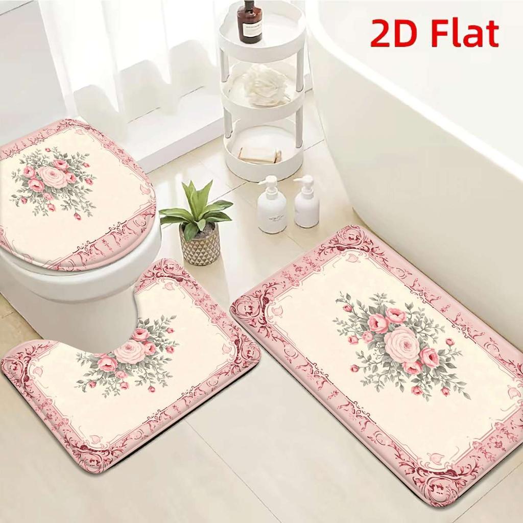 Set di Tappetini da Bagno Antiscivolo in Flanella Floreale Rosa Elegante 2D Piatto Ultra Assorbente Tappetino Decorativo per Pavimento da Cucina