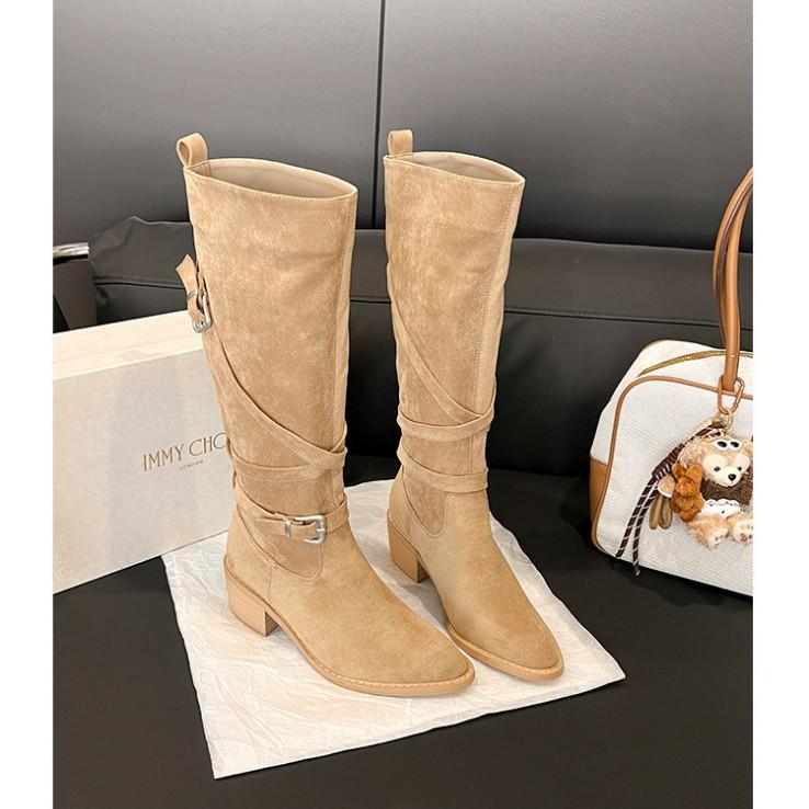 2025 new retro pointed belt buckle thick-soled boots Maillard autumn and winter versatile temperament thin knight boots