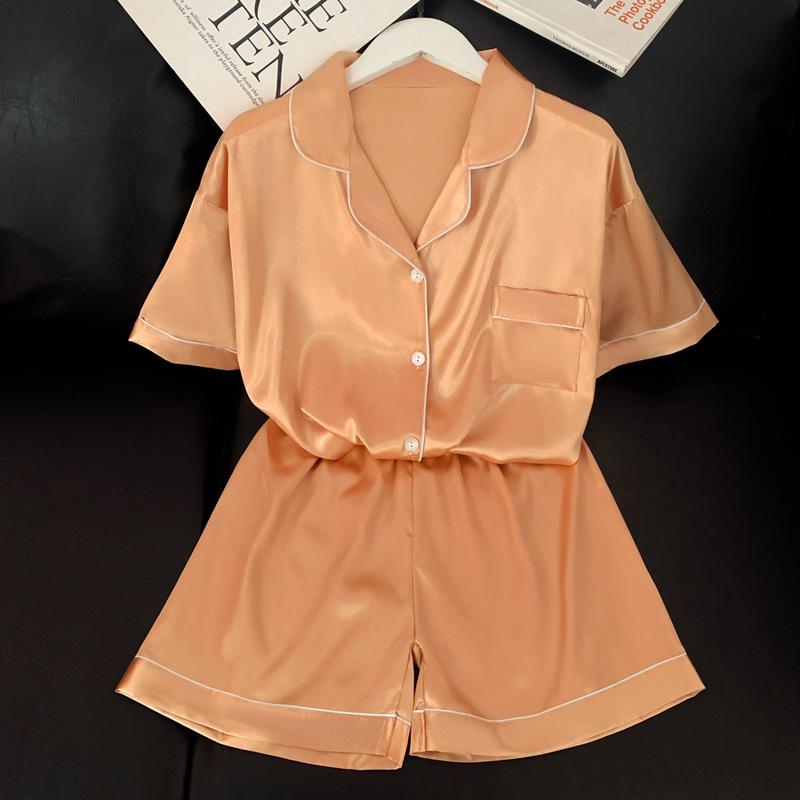 French Fashion Sense Solid Color Short-Sleeved Pajamas Summer Simple Simulation Silk Loungewear Set