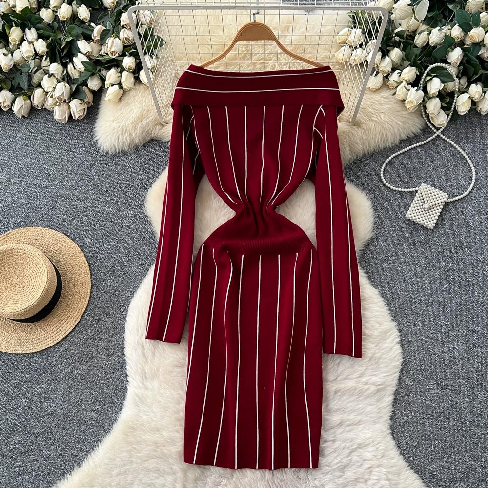 Autumn Winter Women Casual V-neck Full Sleeve Striped Knitted Sweater Slim Bodycon Sheath Dresses