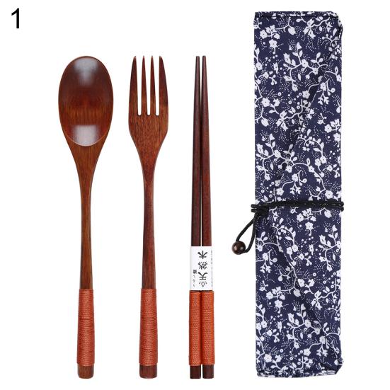 3/4Pcs Reusable Portable Travel Wooden Spoon Chopsticks Fork Tableware Cutlery