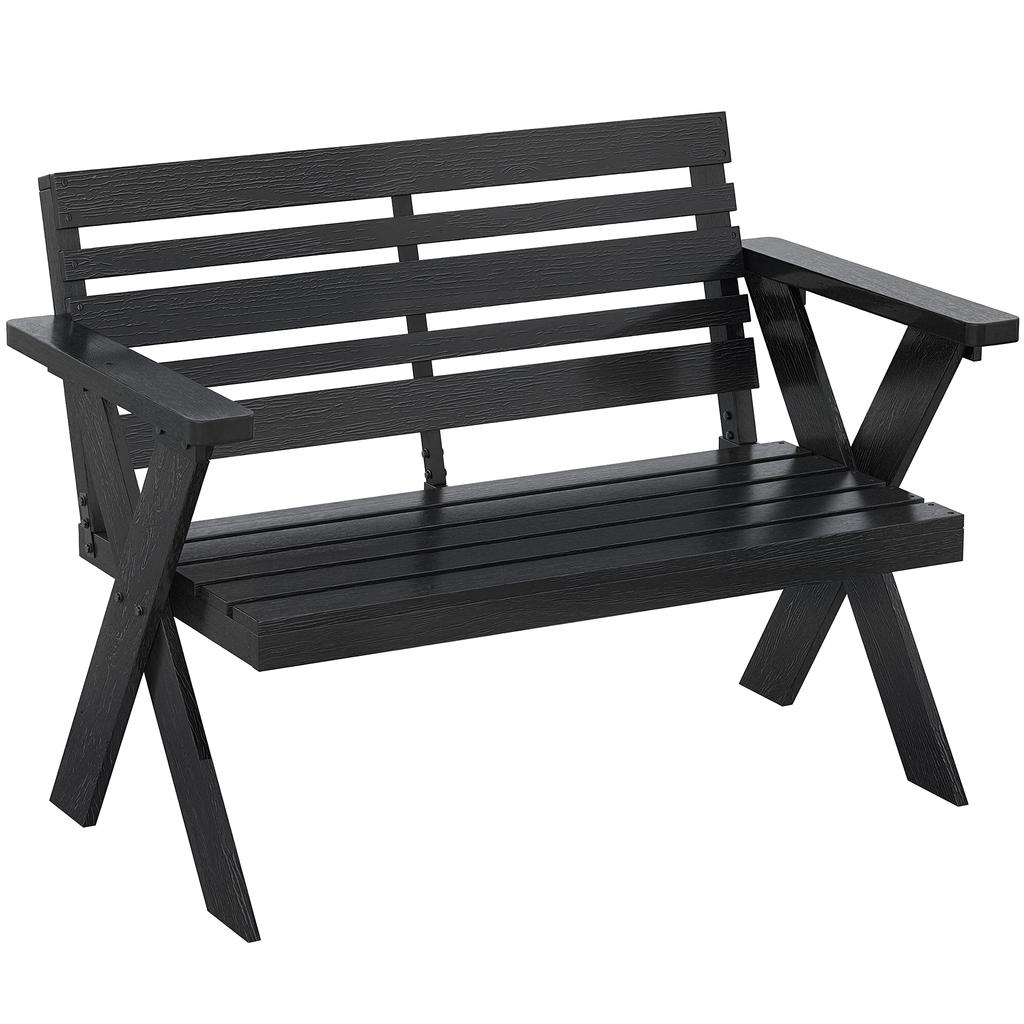 2 Seater Wooden Garden Bench, Slatted Patio Bench with Armrest and Backrest, Black