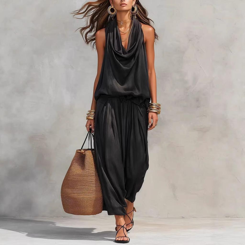 2026 Spring New Solid Color V-neck Waist-Cinching Ruffle Off-Shoulder Elegant Women's Casual Suit