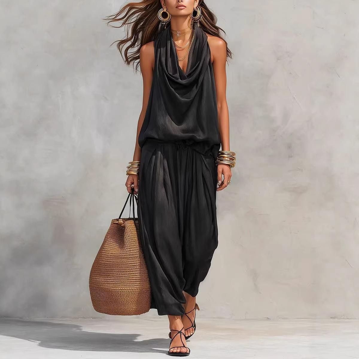 2026 Spring New Solid Color V-neck Waist-Cinching Ruffle Off-Shoulder Elegant Women s Casual Suit XS чёрный