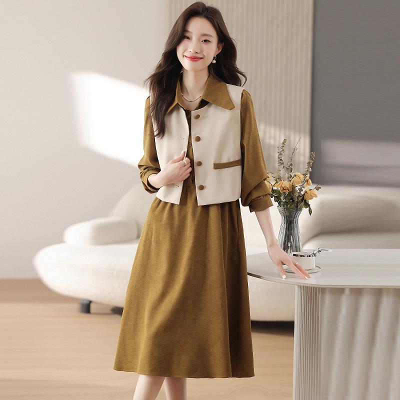 Women's Popular Melard Style Autumn Dress Set: Long Sleeve Vest & Shirt Two-Piece
