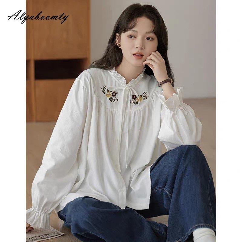 2026 Japanese Mori Girl Plus Size Women Shirt Ruffled Collar Ribbon Floral Embroidery White Oversized Blouse Casual Loose Baggy Basic Top