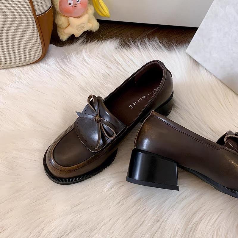 Cowhide Version~ Ballet Style Bow High Heel Small Leather Shoes Thick Heel Single Shoes Women's Platform Loafers British Style Women's Shoes