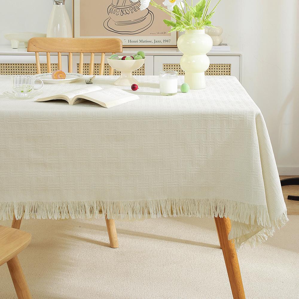 Französische Creme Baumwolle Leinen Tischdecke Waffelstruktur Rechteckig Esstischdecke Quastenrand Waschbar Bauernhaus Küche Couchtisch Abdeckung Dekoration