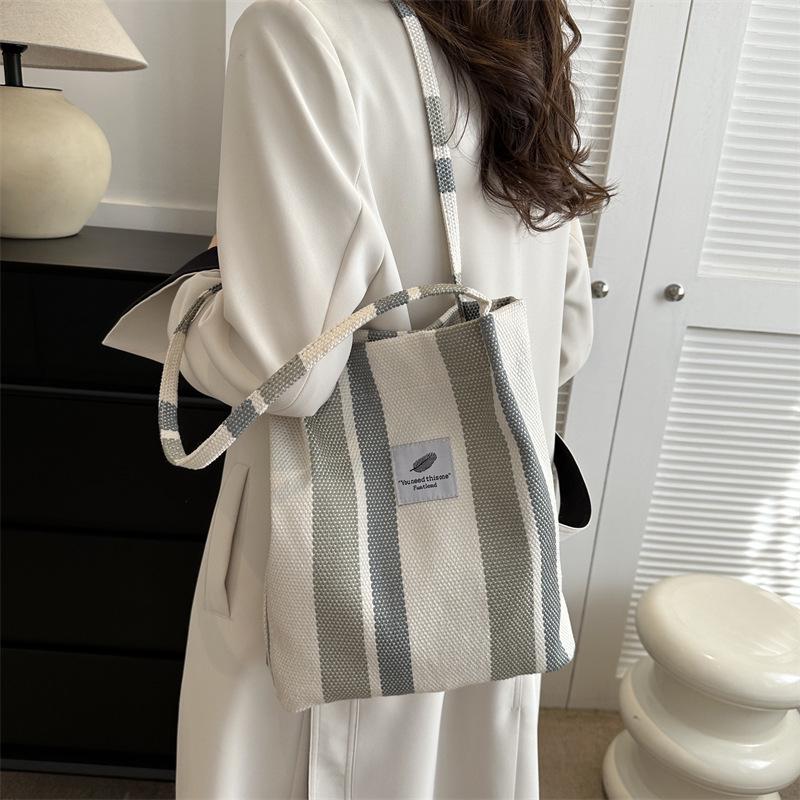 2023 Striped Canvas Tote Bag: Casual, Large Capacity, Autumn Fashion, Shoulder & Handheld