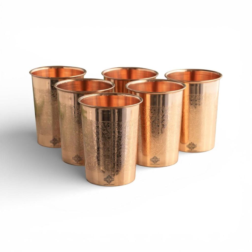 Pure Copper Embossed Design Glass - 275 ML, Copper Tumbler for Water Drinking, Elegant Drinkware & Serveware, Set of 6